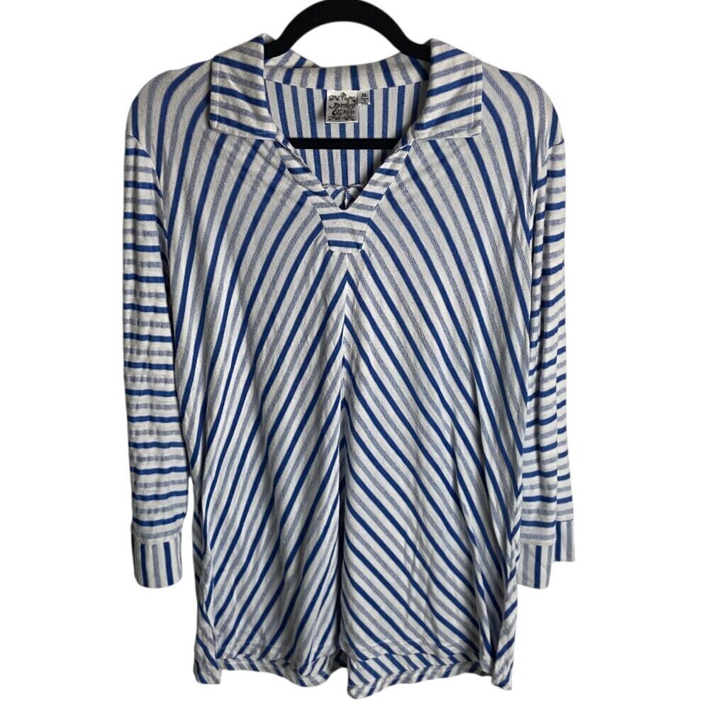 Parsley & Sage Size Xl Collared Striped Blouse Blue White Artsy Top V Neck Work